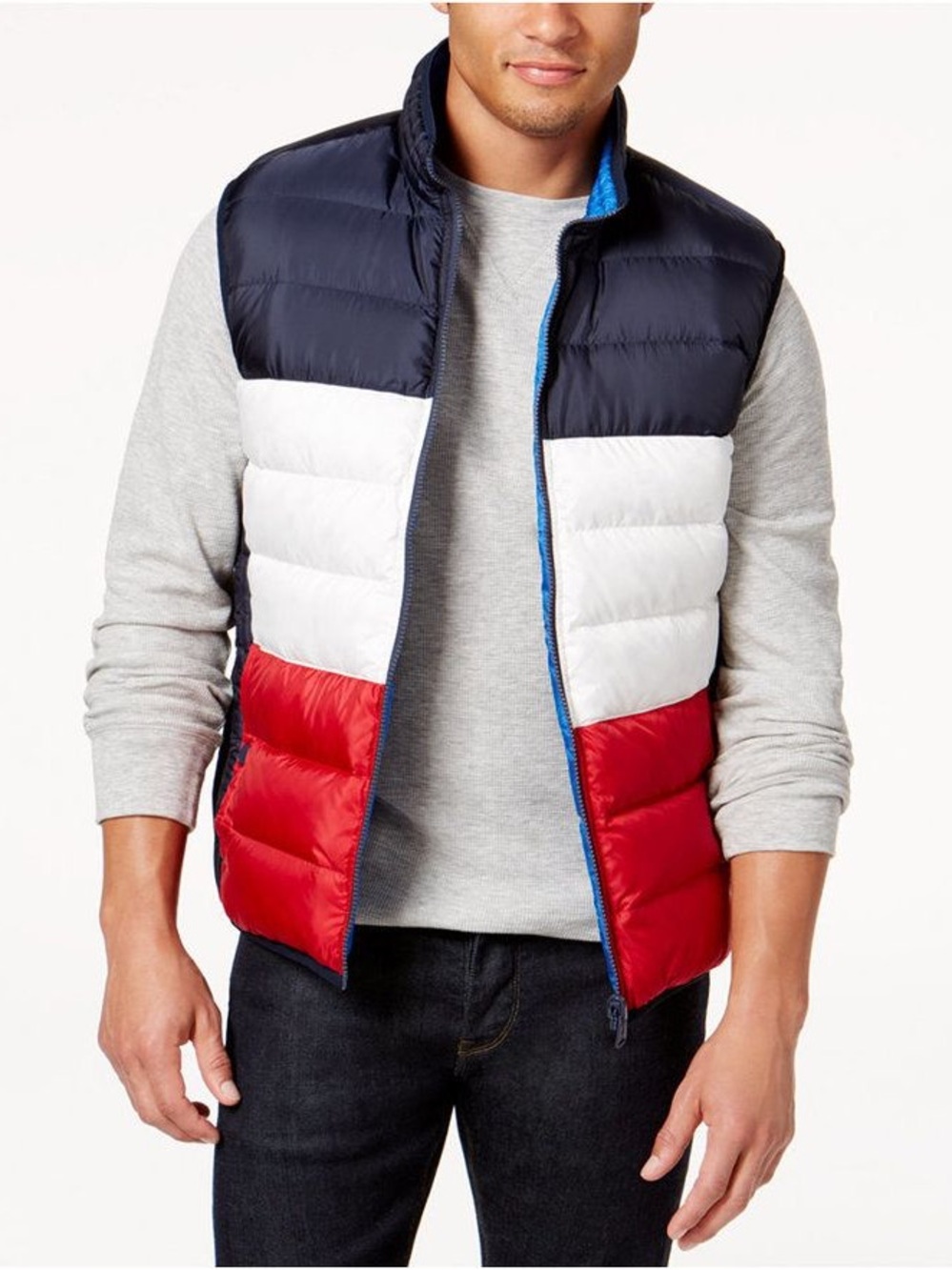 Tommy Hilfiger Tri-Color Quilted Puffer Vest - Navy, White & Red size medium